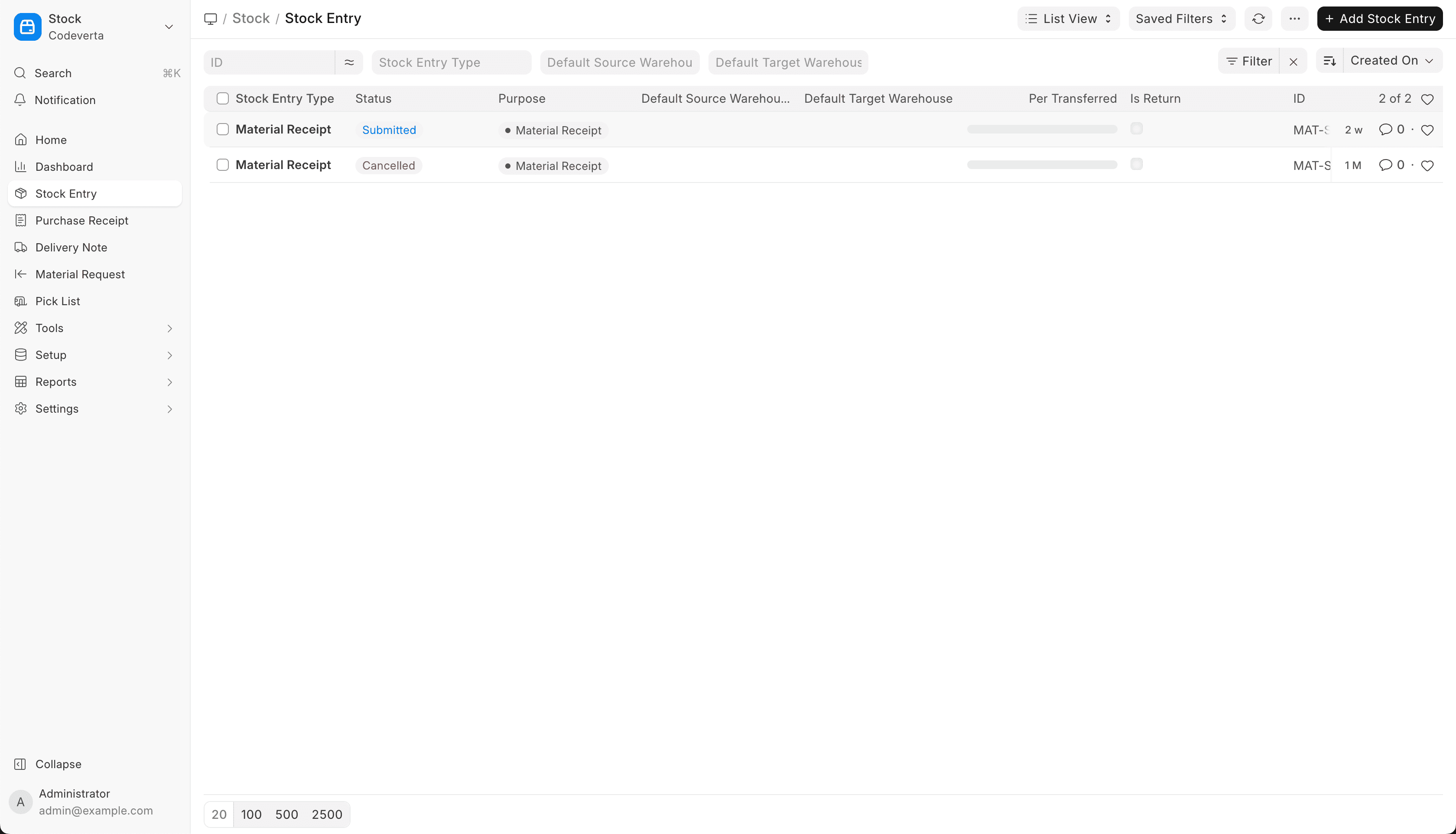 Screenshot project warehouse - stock-entry